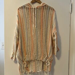 Free People Beach Oversize Crochet Hooded Swim Coverup in Ivory, Orange, Blue